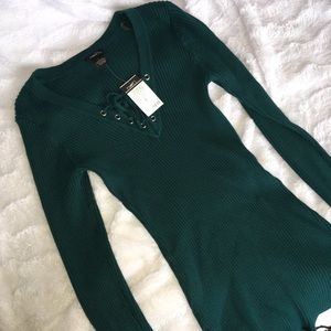 Teal Laced-up Ribbed Long Sleeve Top
